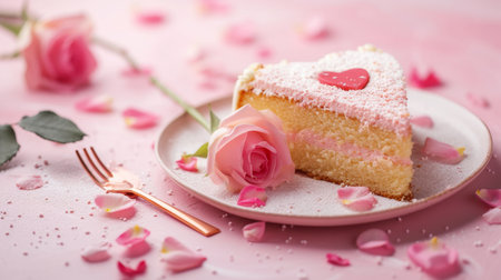 Cake with heart and rose petals on pink background, closeupの素材