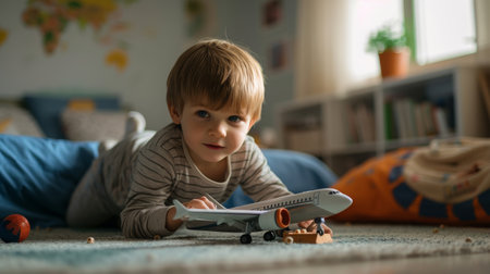 Cute little boy playing with toy airplane on the floor at homeの素材