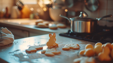 Easter cookies in the shape of a rabbit on the kitchen tableの素材