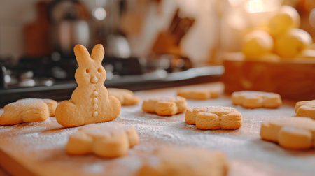 Easter cookies in the shape of a rabbit on the kitchen tableの素材