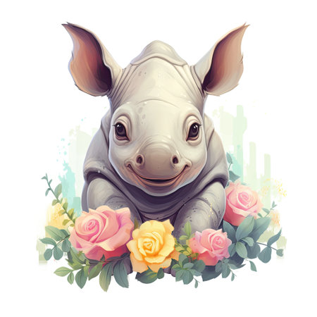 Cute cartoon rhinoceros with flowers. Vector illustration.の素材