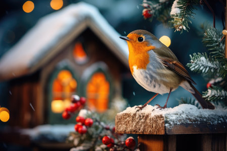 Robin bird sitting on a branch with a Christmas tree in the backgroundの素材
