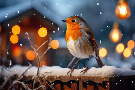 A robin bird sits on a wooden fence in the snow with a blurred background.の素材