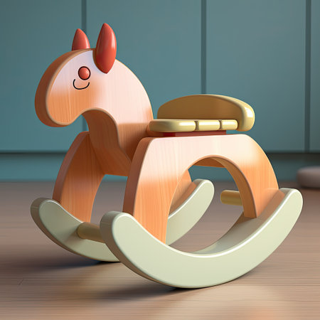 Wooden rocking horse toy on wooden floor, 3d render illustrationの素材
