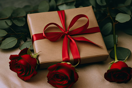 Gift box with red ribbon and roses on a beige background.の素材