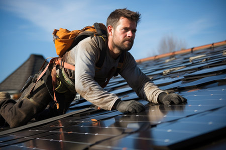 Photovoltaic technician installing solar photovoltaic panels on a roofの素材
