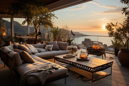 Luxury terrace with sea view at sunsetの素材