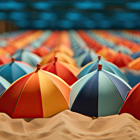 colorful umbrellas on the beach. 3d illustrations.の素材