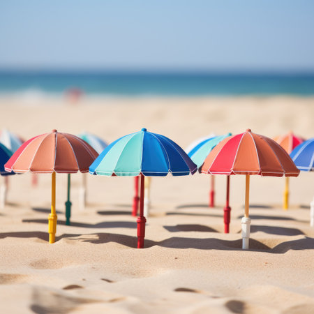 Colorful umbrellas on a sandy beach. Selective focus.の素材