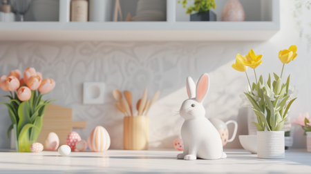 Easter decoration with eggs and bunny on a white table in the kitchenの素材