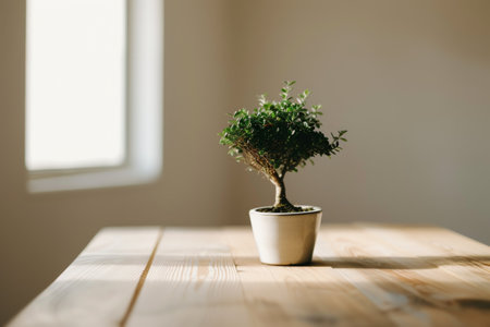 Bonsai tree in a pot on a wooden table with sunlightの素材