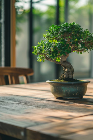 Bonsai tree in a pot on a wooden table in a cafeの素材