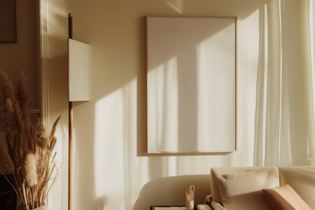 Interior of living room with sofa, armchair, coffee table and postersの素材
