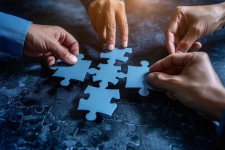 Close up of business people assembling jigsaw puzzle. Teamwork conceptの素材