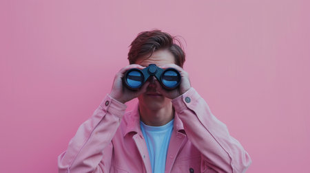 Portrait of young man with binoculars on pink background.の素材