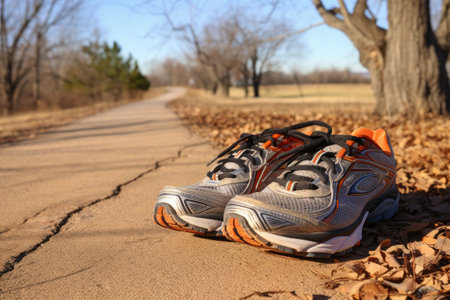 A pair of running shoes on a country road in the fall.の素材