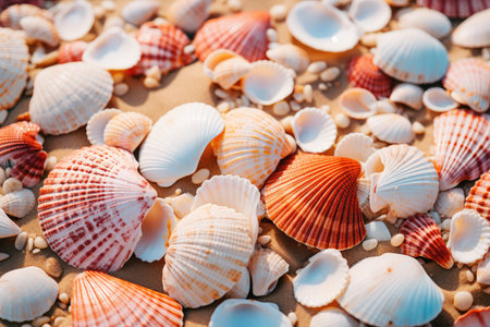 Colorful seashells on sandy beach. Summer vacation concept.の素材