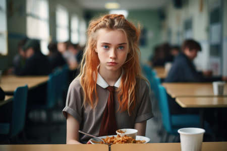 Portrait of a red haired girl sitting in a school cafeteriaの素材