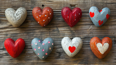 Colorful hearts on a wooden background. Valentines day background.の素材