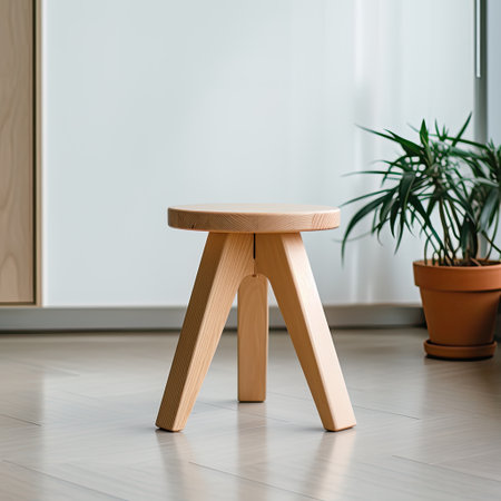 Wooden stool in the interior of a room with a plant.の素材