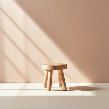 Wooden stool on the background of a beige wall. 3d renderingの素材