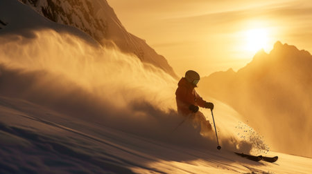 Skis skiing downhill in high mountains at beautiful sunset. Caucasus Mountains, Georgia, ski resort Gudauri.の素材