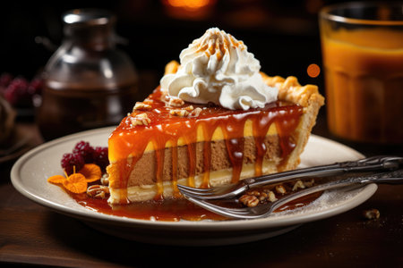 Piece of cake with caramel sauce and whipped cream on a plateの素材