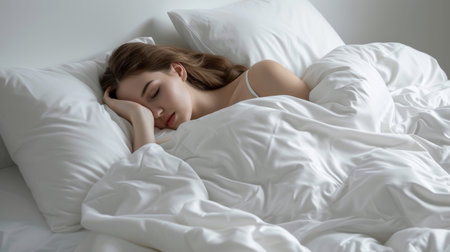 Young beautiful woman sleeping in bed at home. Girl lying in bed at morning.の素材