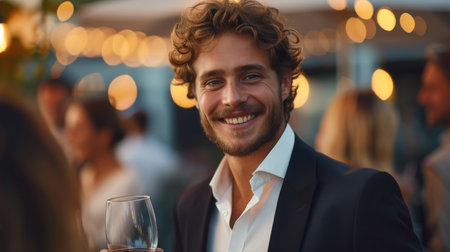 Portrait of a handsome young man holding a glass of wine and smiling while standing in a restaurantの素材