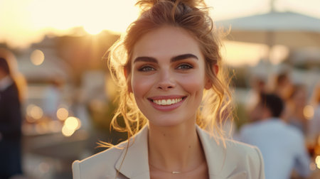 Portrait of a young beautiful woman on the background of the setting sunの素材