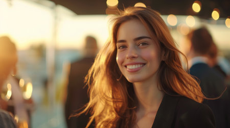 Portrait of beautiful young woman with long curly hair smiling at camera while standing in restaurantの素材