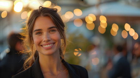 Portrait of a beautiful young woman in the city at sunset.の素材