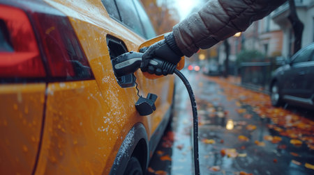 Close-up of a man charging an electric car on a rainy dayの素材