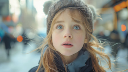 Portrait of a cute little girl on the street in winter.の素材