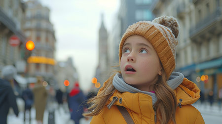 Portrait of a girl in a yellow jacket and a hat on the background of the city.の素材