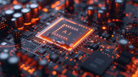 Close-up view of a modern GPU card circuit. 3D renderingの素材