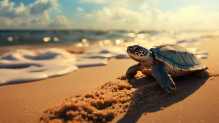 Green sea turtle on the sandy beach at sunset, close-upの素材