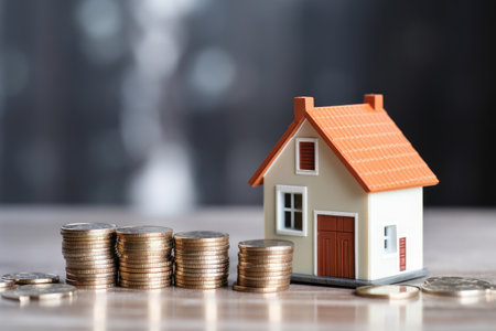 Mortgage concept by money house from the coins on the tableの素材