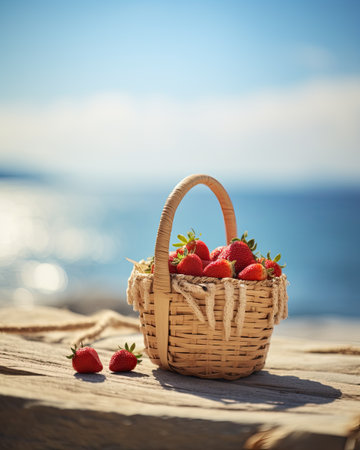 Strawberries in a wicker basket on a wooden table by the seaの素材