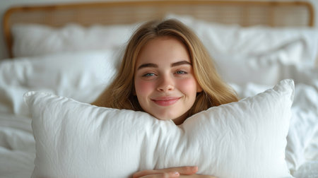 Portrait of beautiful young woman lying in bed and smiling. Close-upの素材