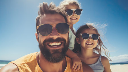 Portrait of a happy family of three having fun on the beachの素材
