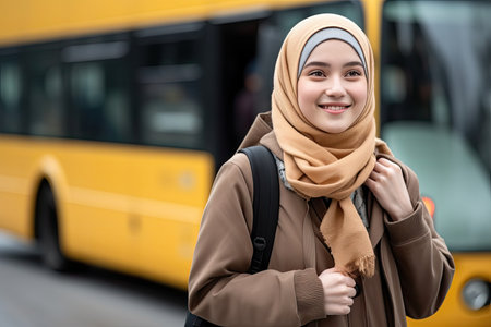 Portrait of young Muslim woman with backpack and sightseeing busの素材