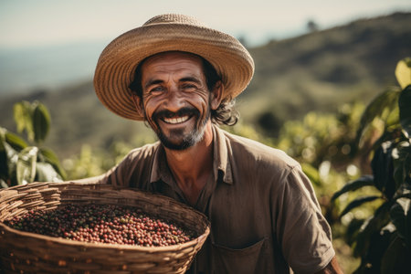 Portrait of smiling man holding basket with coffee beans in coffee plantationの素材