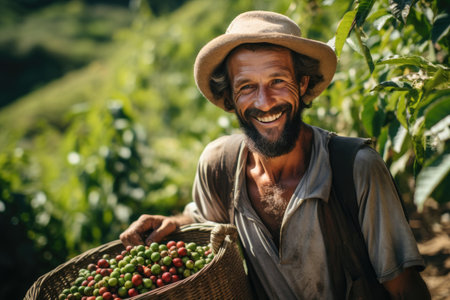 Portrait of a smiling farmer carrying a basket full of freshly harvested coffee beans in a coffee plantationの素材