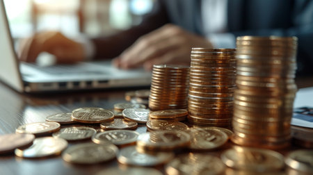 Close up of coins stack and woman working with laptop on wooden table in office.の素材