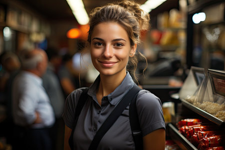 Portrait of smiling young woman standing near counter in grocery store.の素材
