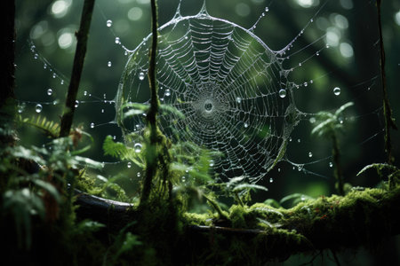 Spider web with water drops in the rain forest. Nature background.の素材