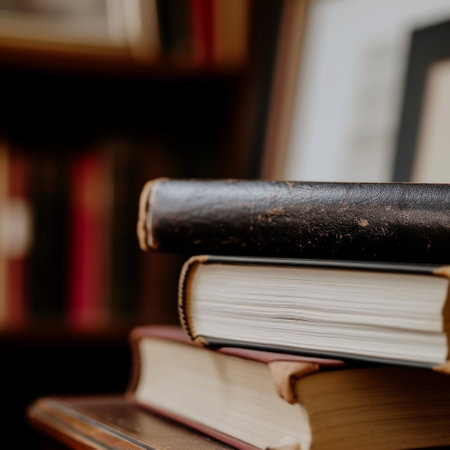 Books on the bookshelf in the library. Selective focus.の素材