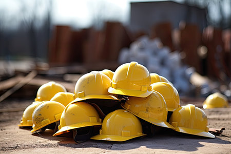Hard hats on construction site. Selective focus with shallow depth of fieldの素材