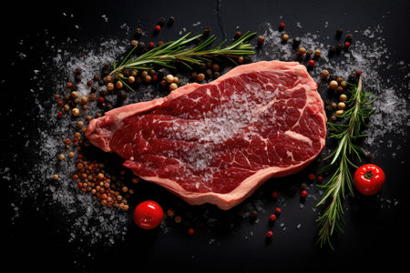 Raw fresh beef steak with rosemary, pepper and salt on black backgroundの素材